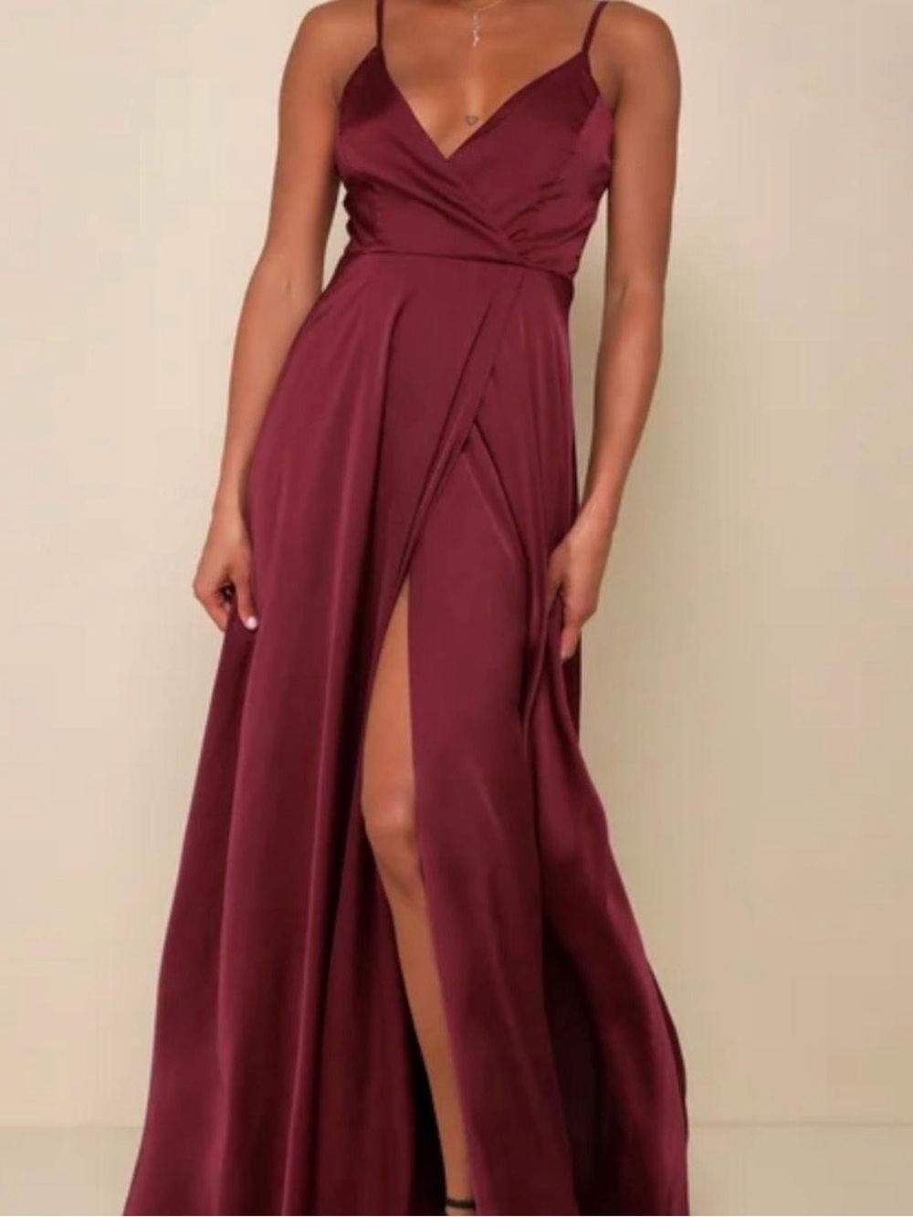 Lulu's Burgundy Spaghetti-Strap Wrap Maxi Dress